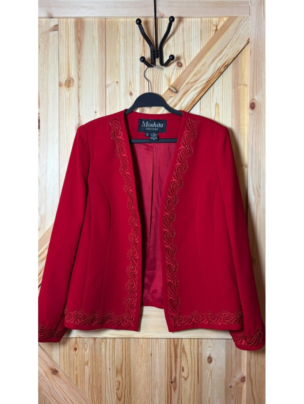Moshita Couture Red Embellished Open Front Blazer Jacket Size 16